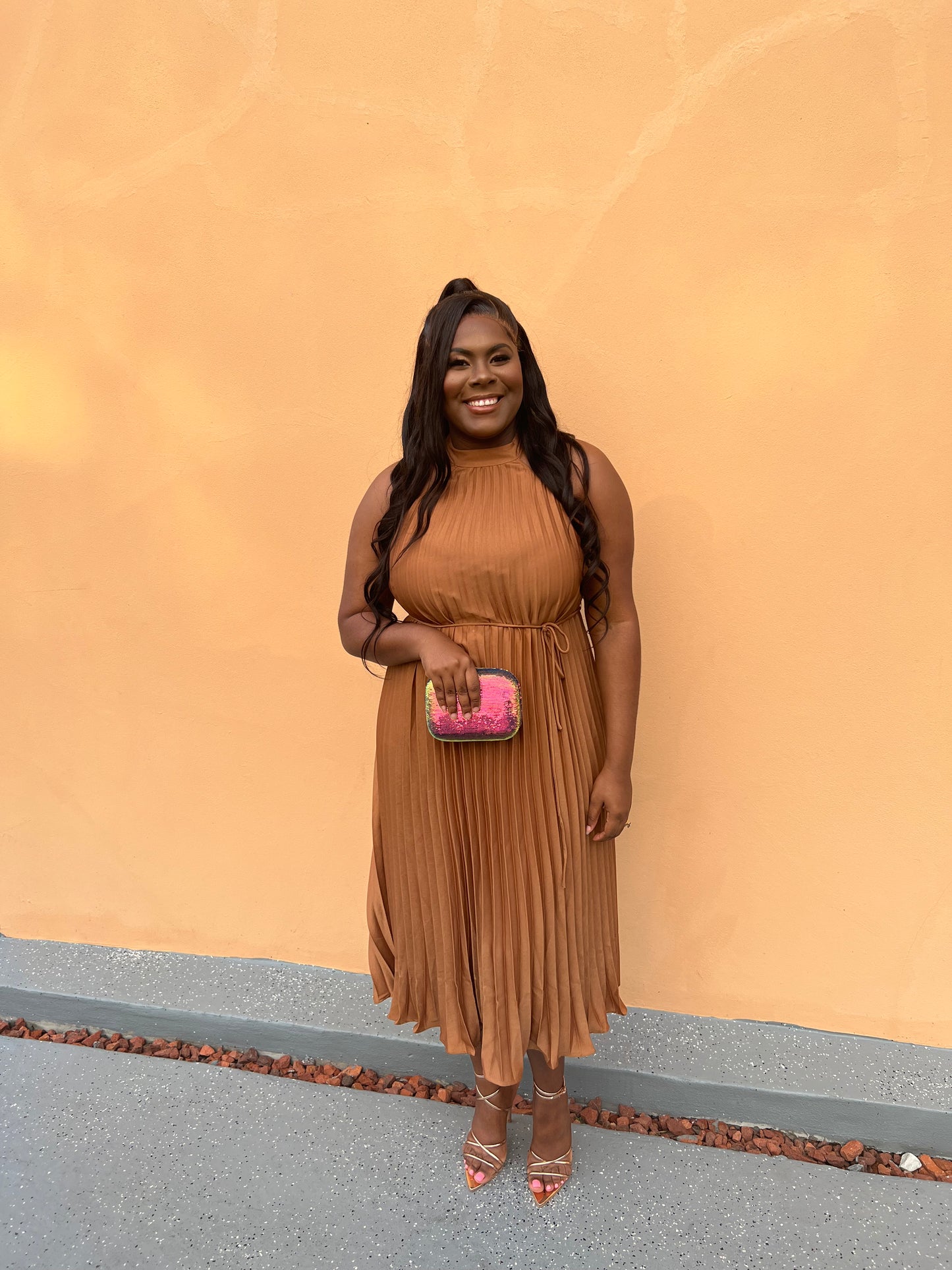 NICIA BRONZE HALTER PLEATED SILKY MAXI DRESS