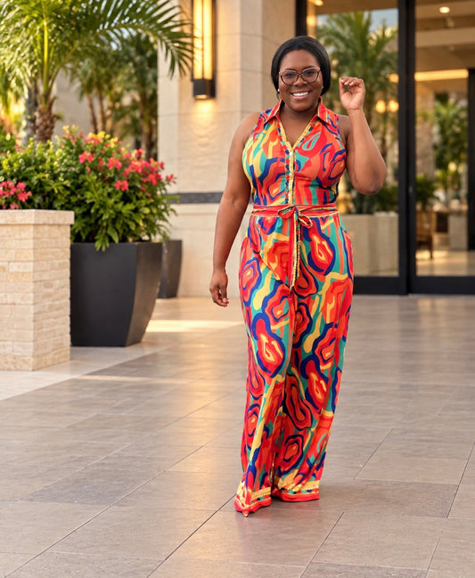 Georgina Orange Print Collared Waist Tie Jumpsuit