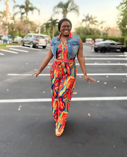Georgina Orange Print Collared Waist Tie Jumpsuit