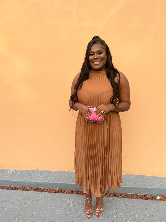 NICIA BRONZE HALTER PLEATED SILKY MAXI DRESS